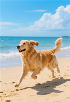 海边沙滩自由奔跑的金毛犬图片